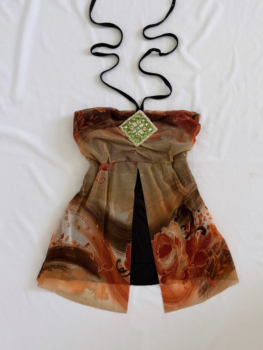Vintage French Silk Blend Halter Top Floral Brown Orange Beaded